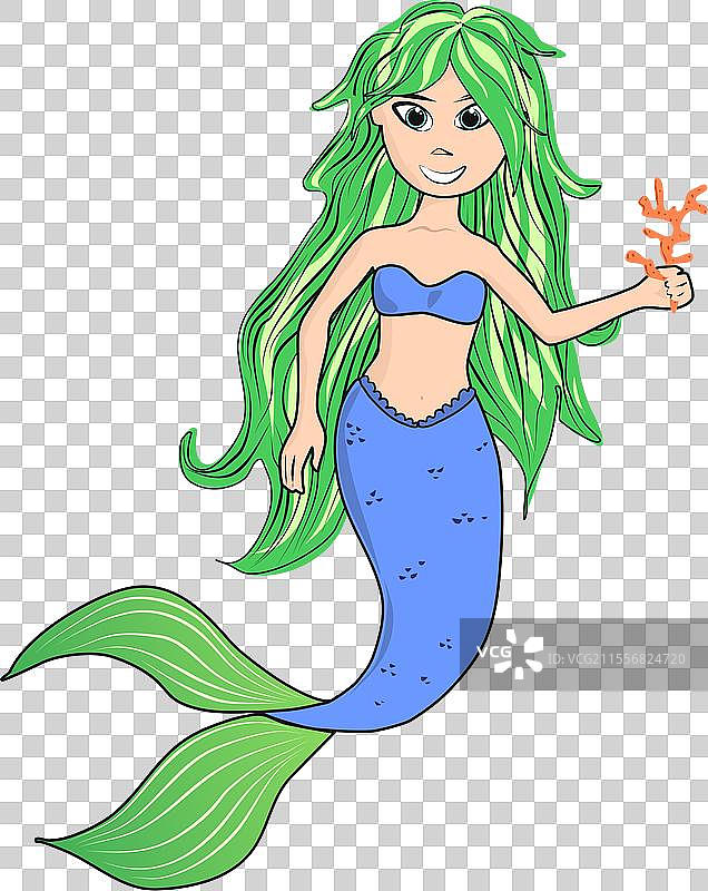微笑着拿着东西的绿色头发卡通美人鱼图片素材