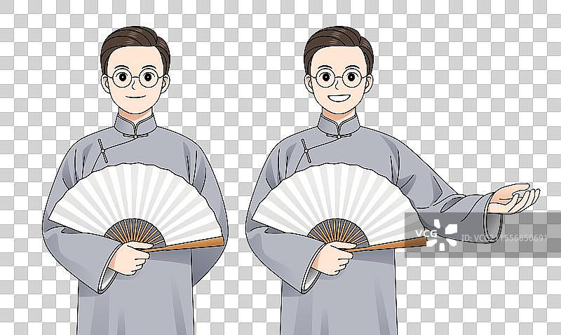 穿中式长衫大褂马褂手拿扇子的民国男人男生男性帅哥相声演员说书人古典怀旧国风中国文化国学近代人物插画图片素材