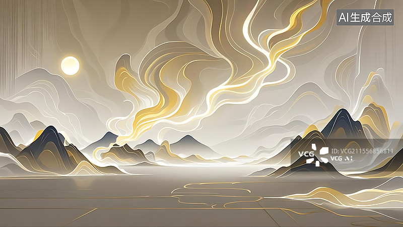 【AI数字艺术】3D超现实主义金色中国水墨山水画背景图图片素材