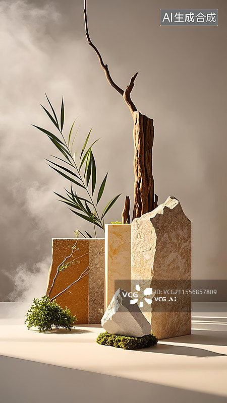 【AI数字艺术】枯木石头新中式风格电商产品展示台背景图图片素材