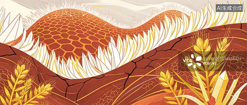 【AI数字艺术】息壤手绘插画：蜂巢土壤与水晶稻穗的生命能量图腾图片素材