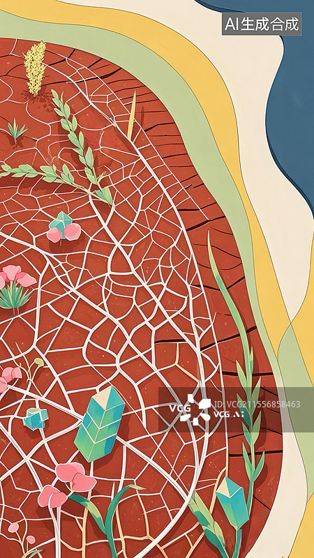 【AI数字艺术】息壤手绘插画：蜂巢土壤与水晶稻穗的生命能量图腾图片素材