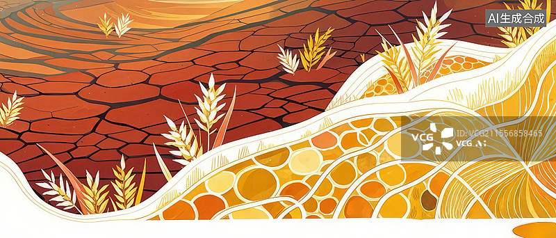 【AI数字艺术】息壤手绘插画：蜂巢土壤与水晶稻穗的生命能量图腾图片素材