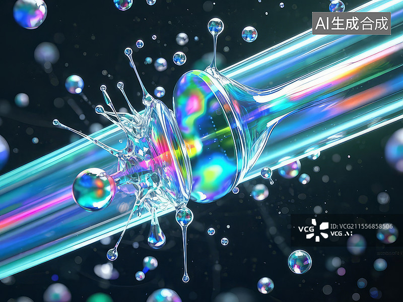 【AI数字艺术】彩色液滴在透明微管中分裂融合 - 油水界面虹光折射，黑曜石质感图片素材
