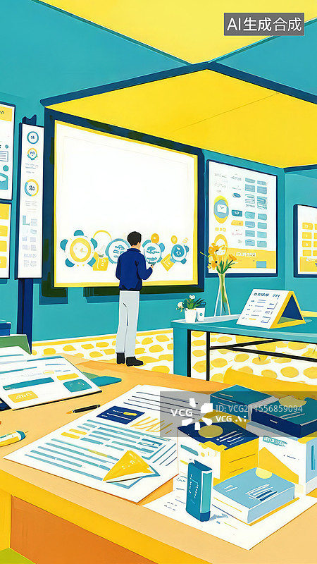 【AI数字艺术】青年创业孵化器：明黄与天青交织，结构性货币政策支持下的创新活力图片素材