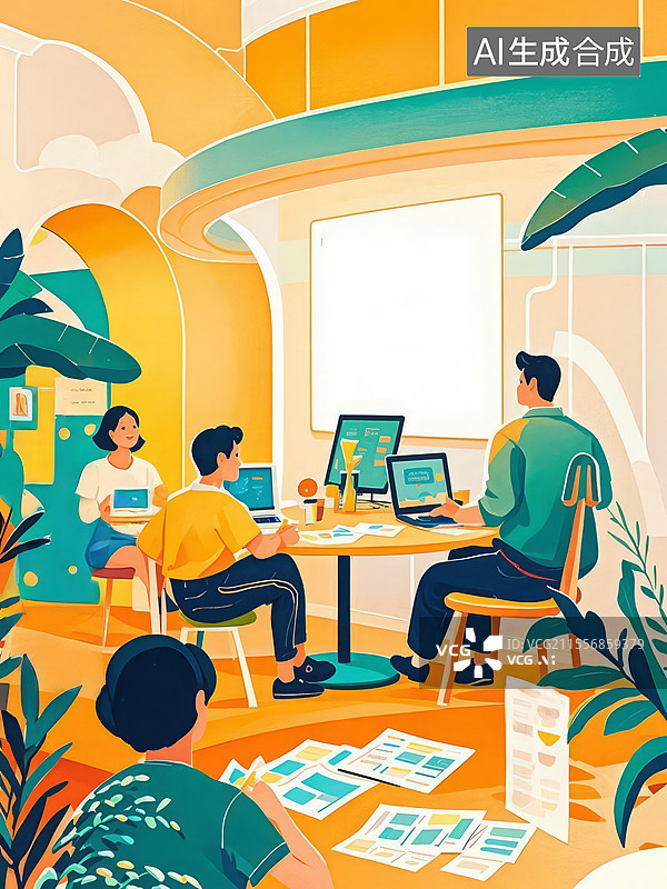 【AI数字艺术】青年创业孵化器：明黄与天青交织，结构性货币政策支持下的创新活力图片素材