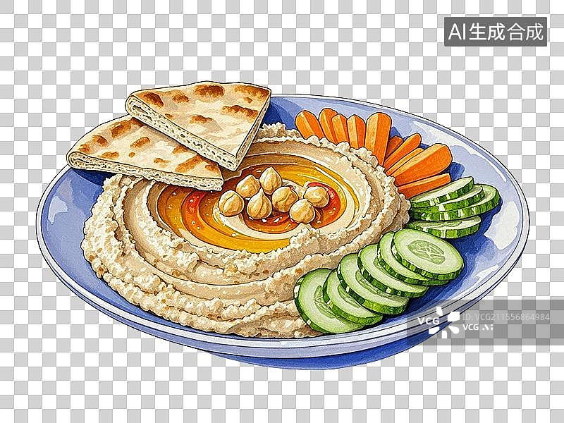 【AI数字艺术】美食鹰嘴豆泥配皮塔饼图片素材