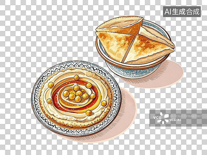 【AI数字艺术】美食鹰嘴豆泥配皮塔饼图片素材