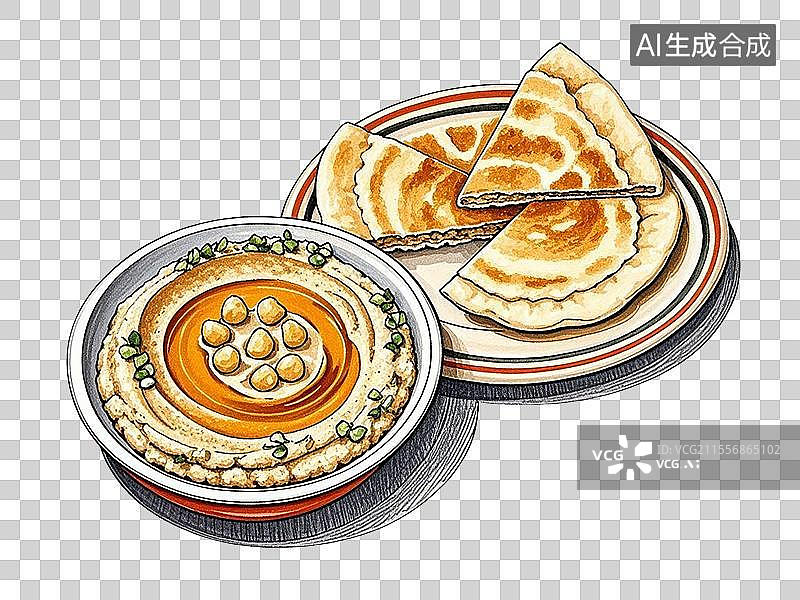 【AI数字艺术】美食鹰嘴豆泥配皮塔饼图片素材
