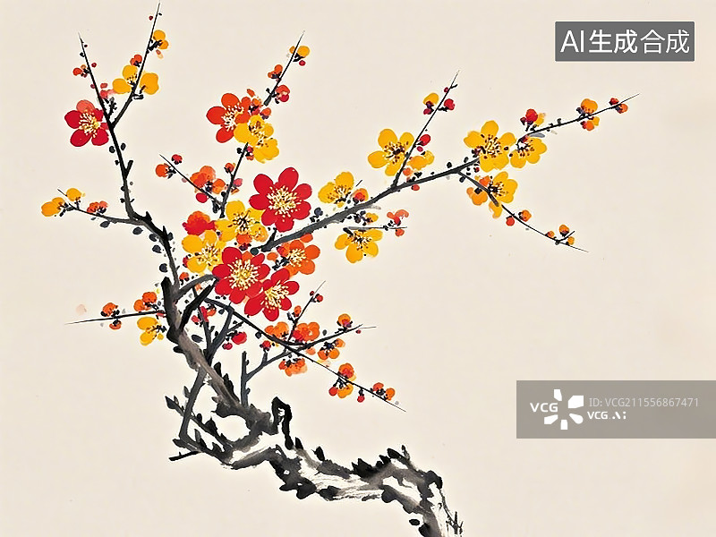 【AI数字艺术】梅花，手绘画风格图片素材