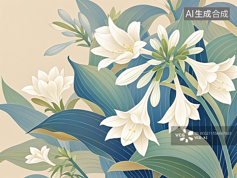 【AI数字艺术】玉簪花，手绘画风格图片素材