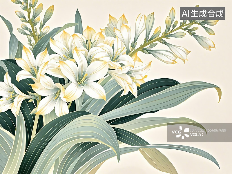 【AI数字艺术】玉簪花，手绘画风格图片素材