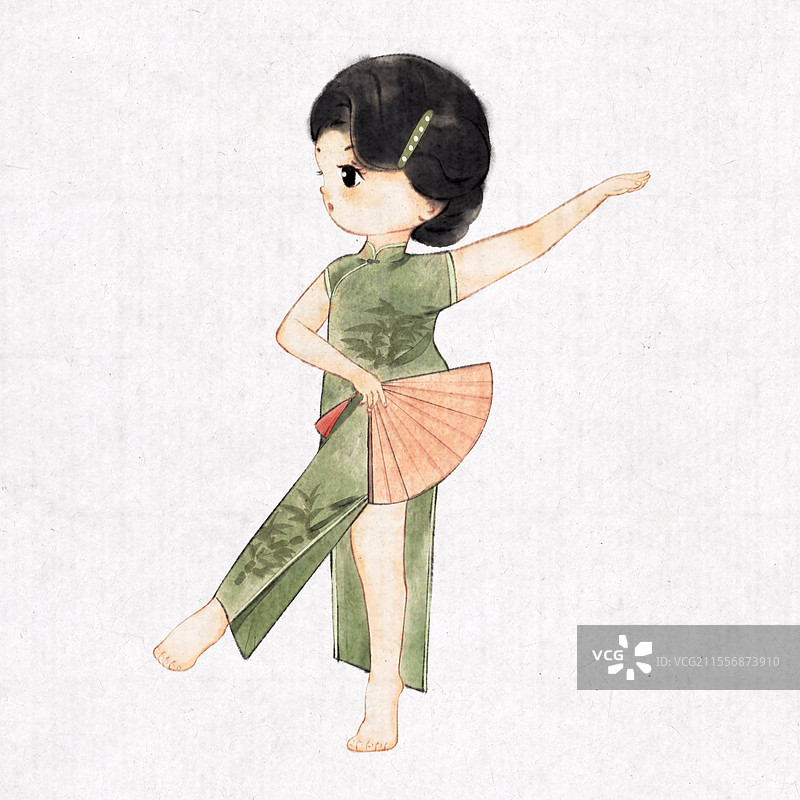 水墨Q版旗袍舞蹈人物图片素材