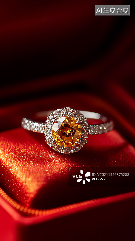 【AI数字艺术】红盒中的璀璨黄钻戒指图片素材