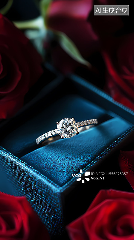 【AI数字艺术】蓝盒钻戒伴红玫浪漫尽显图片素材