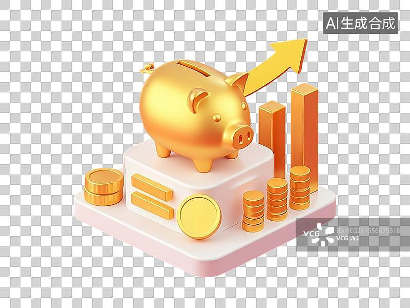 【AI数字艺术】金猪和金色金币和柱状图和上升箭头的组合图片素材