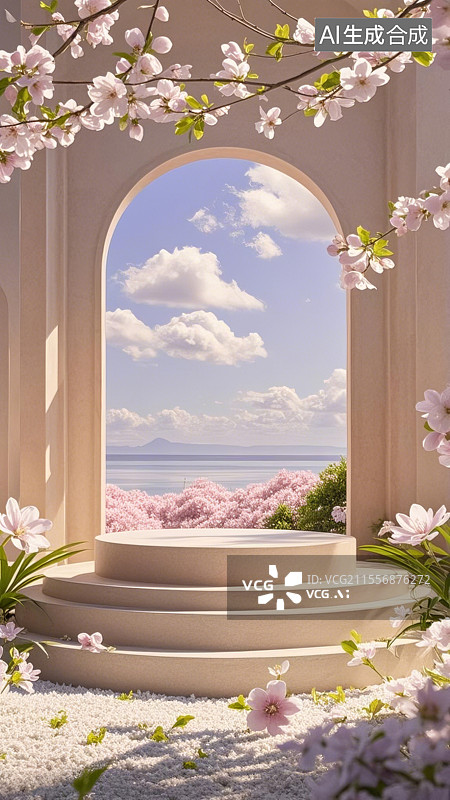 【AI数字艺术】春日主题产品展台——盛开的浪漫樱花图片素材