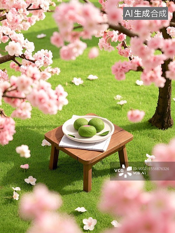 【AI数字艺术】樱花树下的一盘青团图片素材