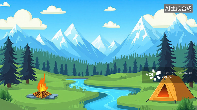 【AI数字艺术】山川河流间的露营地图片素材