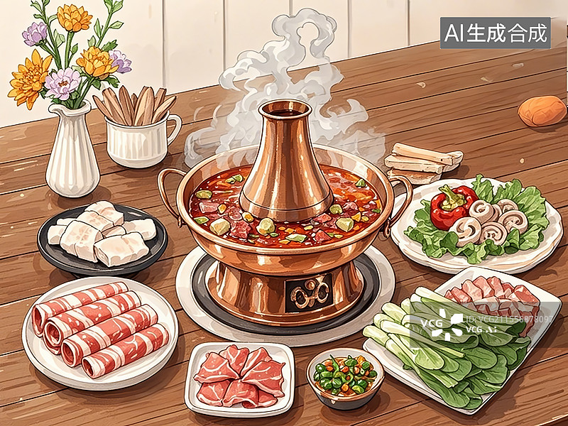 【AI数字艺术】传统美食元代忽必烈涮羊肉（传说行军急创的铜锅涮肉）图片素材