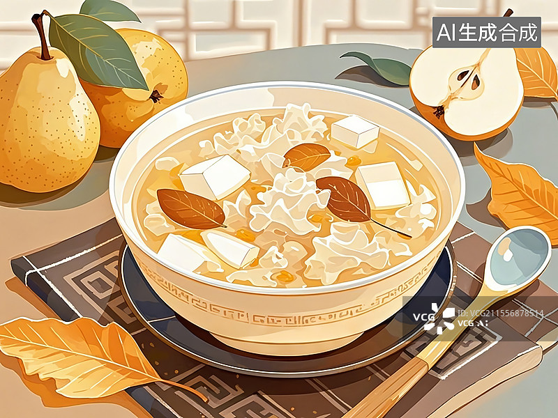 【AI数字艺术】传统美食北京小吊梨汤（银耳雪花梨熬煮，京秋润燥）图片素材
