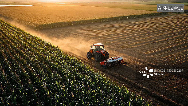 【AI数字艺术】黄昏天空下农机在田地中工作远景图片素材
