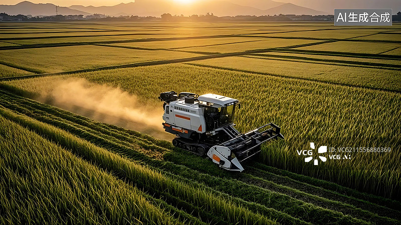 【AI数字艺术】黄昏天空下农机在田地中工作远景图片素材