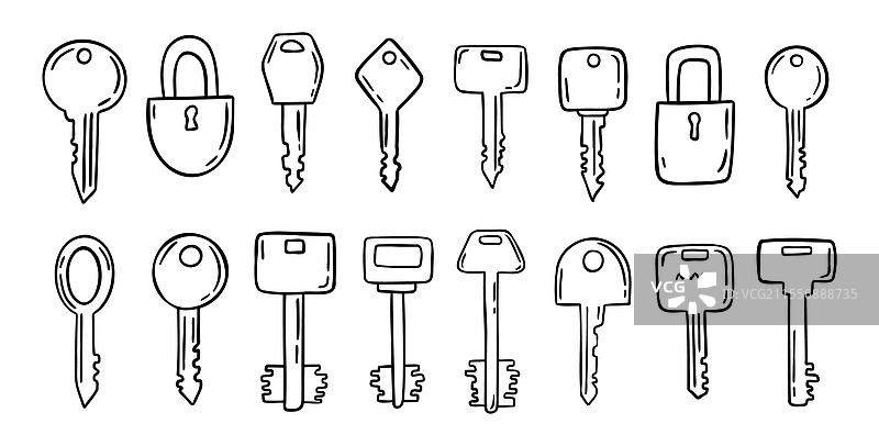 手绘涂鸦钥匙图标集 复古风格图片素材