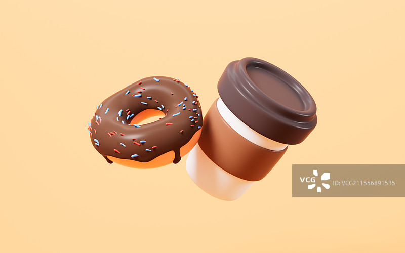卡通咖啡和甜甜圈3D渲染图片素材