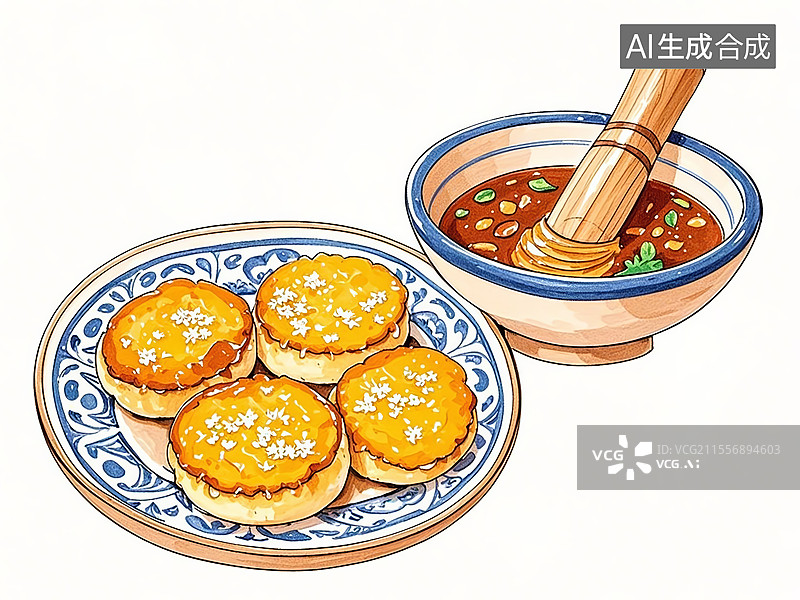 【AI数字艺术】传统美食羌族洋芋糍粑（高山土豆捶打成泥，配蜂蜜或辣汤）图片素材