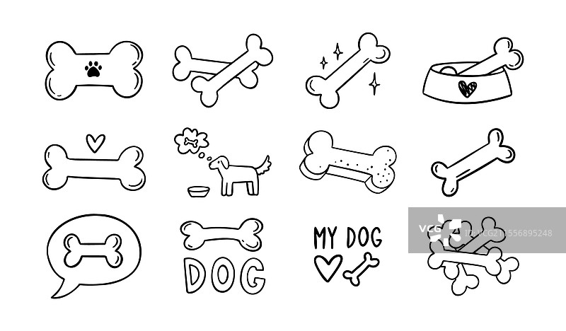 手绘狗骨头涂鸦图案轮廓集图片素材