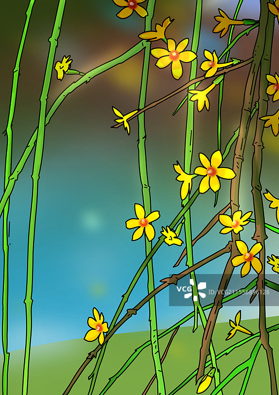 春天 治愈 插画 迎春花 黄色 枝条图片素材