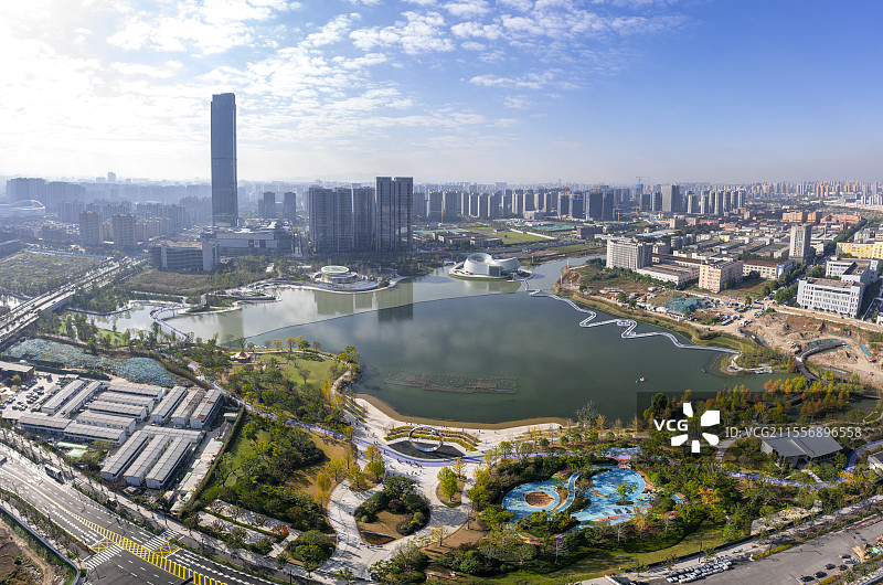 杭州良渚新城玉湖公园航拍全景图片素材