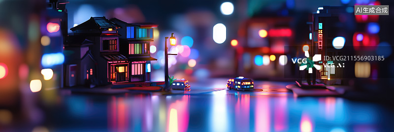 【AI数字艺术】微型城市灯光夜景模型移轴摄影作品图片素材