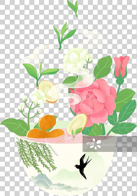 玫瑰茉莉陈皮甘草疏肝茶国风插画图片素材
