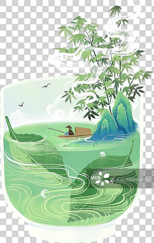 山竹小船人桑叶水纹桑竹茶杯国风插画图片素材