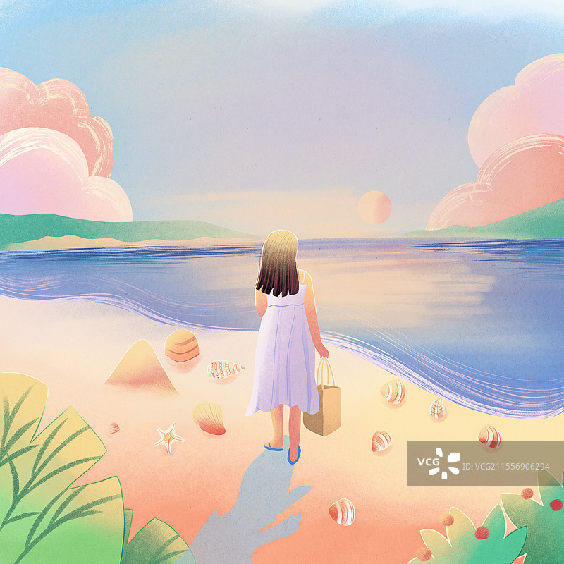 夏天一个女孩儿在海边度假旅游赶海沙滩贝壳海滩海边树丛沙堡蓝天白云手绘插画图片素材