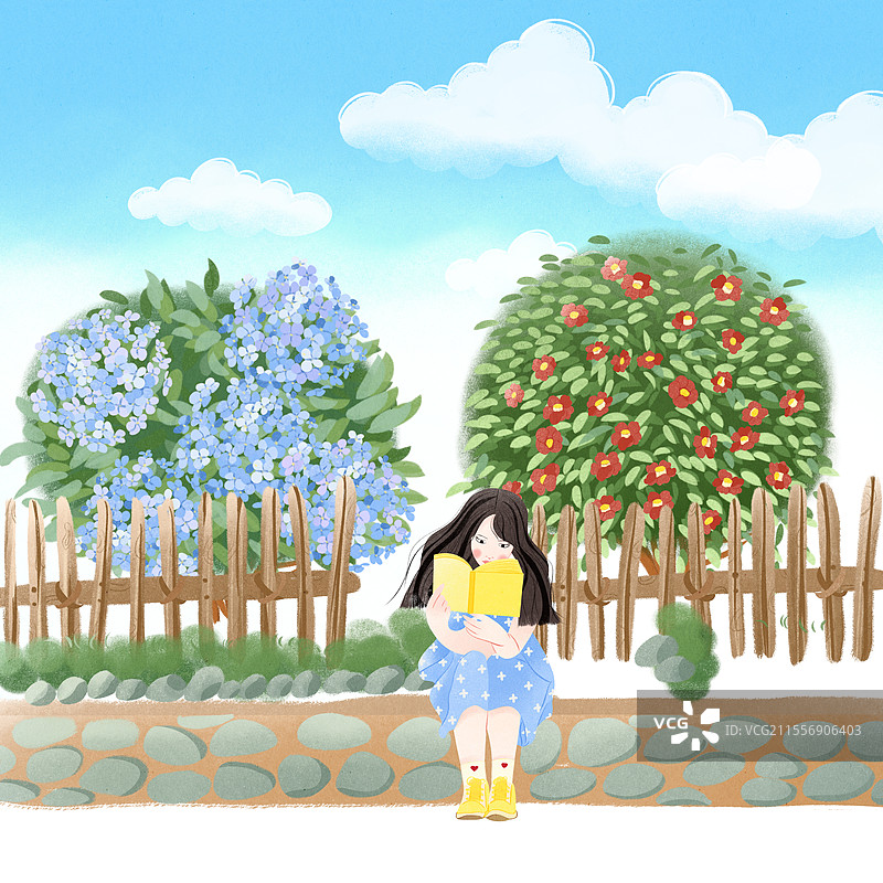 一个女孩儿在花园看书读书日蓝天白云户外安静花卉花朵绣球花茶花篱笆花坛手绘插画图片素材