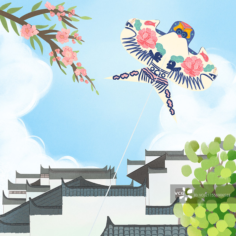 春分雨水立春春天节气户外踏青赏花放风筝清明节桃花绿树蓝天白云徽派建筑传统风筝手绘插画图片素材