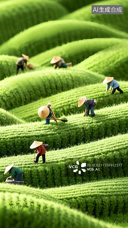 【AI数字艺术】微距摄影，几个农民在针织毛衣折叠的山脉上耕种，谷雨节气海报图片素材