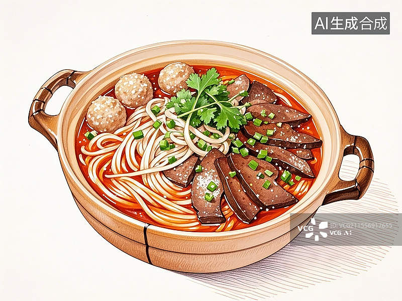 【AI数字艺术】传统美食贵州凯里酸汤砂锅粉（苗家红酸汤配猪肝肉丸）图片素材