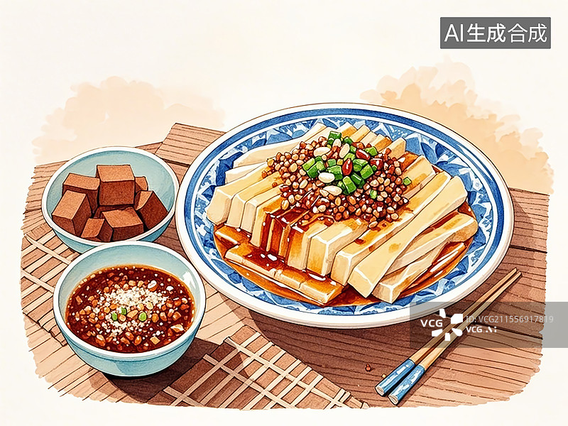 【AI数字艺术】传统美食贵州毕节织金荞凉粉（荞麦粉配霉豆腐蘸水）图片素材