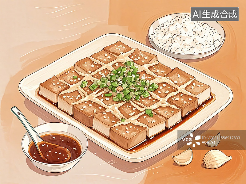 【AI数字艺术】传统美食辽宁大连焖子（地瓜淀粉煎块，浇麻酱蒜汁）图片素材