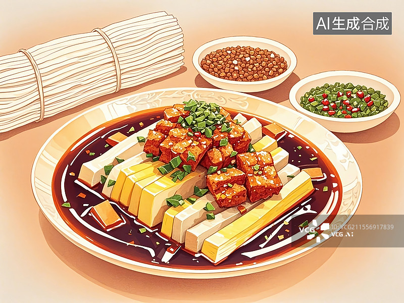 【AI数字艺术】传统美食贵州毕节织金荞凉粉（荞麦粉配霉豆腐蘸水）图片素材