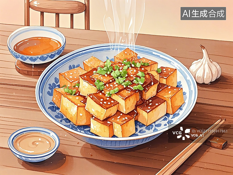 【AI数字艺术】传统美食辽宁大连焖子（地瓜淀粉煎块，浇麻酱蒜汁）图片素材