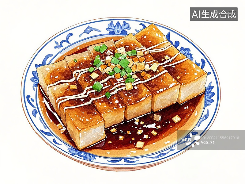 【AI数字艺术】传统美食辽宁大连焖子（地瓜淀粉煎块，浇麻酱蒜汁）图片素材