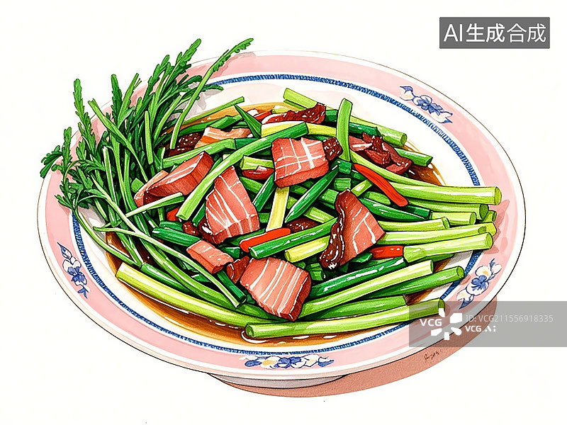 【AI数字艺术】传统美食鄱阳湖藜蒿炒腊肉（“鄱阳湖的草，南昌人的宝”）图片素材