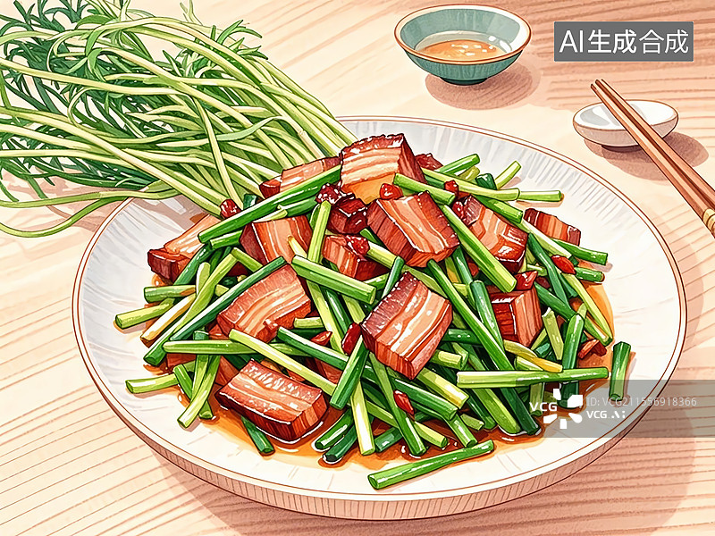 【AI数字艺术】传统美食鄱阳湖藜蒿炒腊肉（“鄱阳湖的草，南昌人的宝”）图片素材