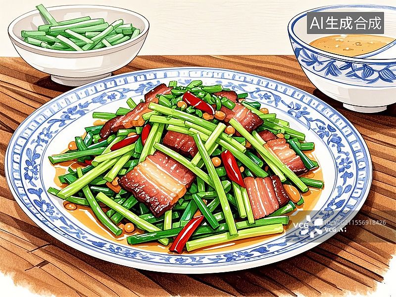 【AI数字艺术】传统美食鄱阳湖藜蒿炒腊肉（“鄱阳湖的草，南昌人的宝”）图片素材