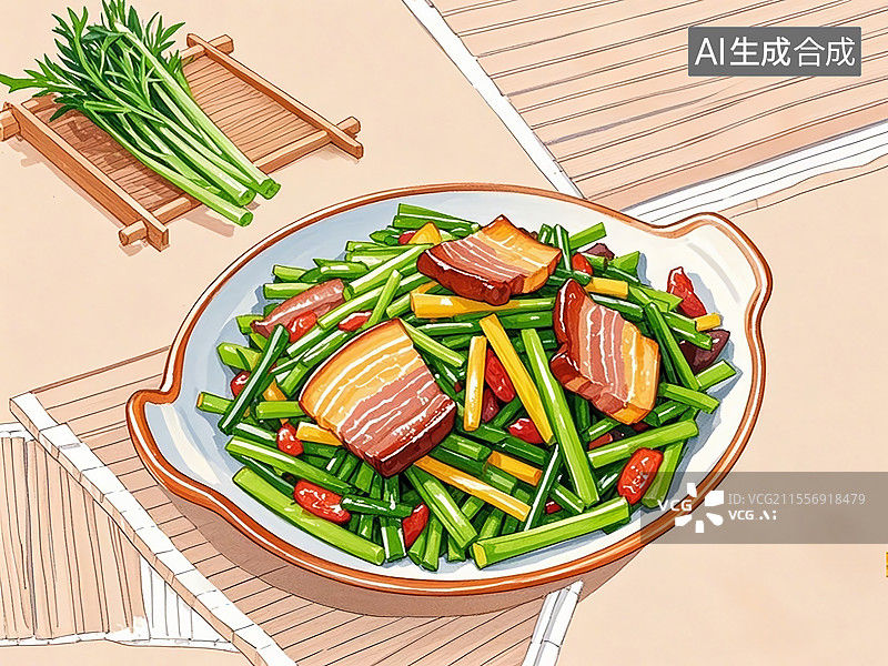 【AI数字艺术】传统美食鄱阳湖藜蒿炒腊肉（“鄱阳湖的草，南昌人的宝”）图片素材